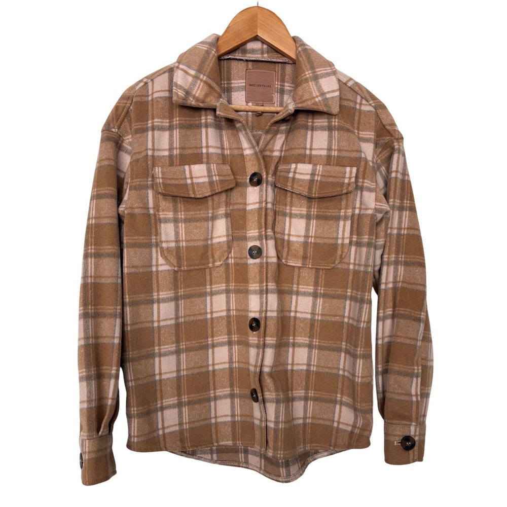 Avec Les Filles Plaid Shacket Brown Wool Blend Cabincore Gorpcore Utility XS